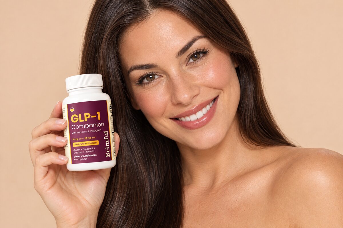 Woman holding a bottle of Brimful GLP-1 Companion