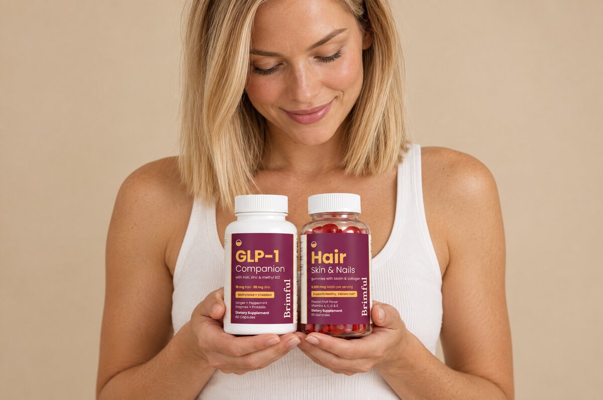 Woman holding Brimful GLP-1 Companion and Hair, Skin & Nails Gummies