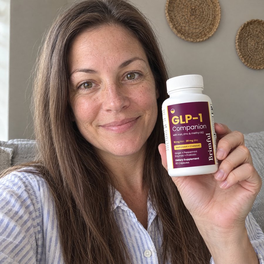 Woman holding a bottle of Brimful GLP-1 Companion